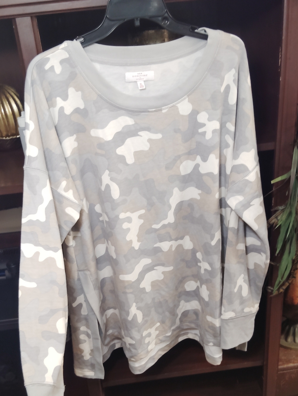 new directions Gray & White Camo Crewneck Sweater